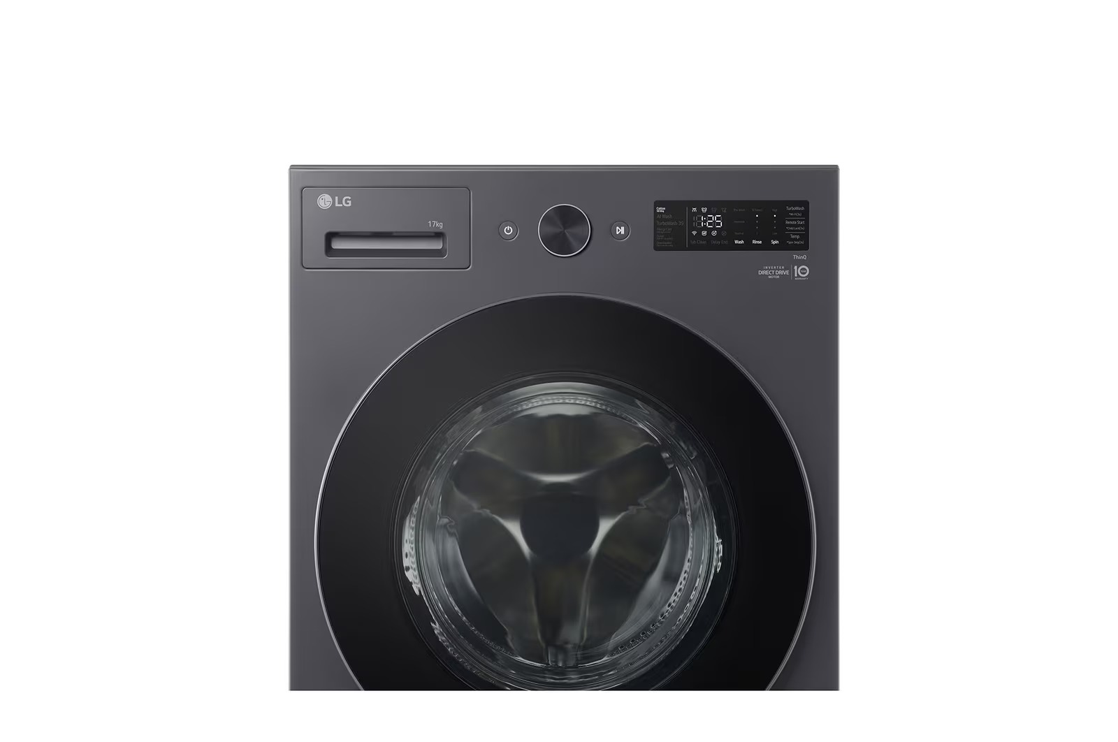 Máy giặt cửa trước LG màu xám đậm, dung tích 17 kg, tích hợp ThinQ và động cơ Direct Drive 10 năm bảo hành